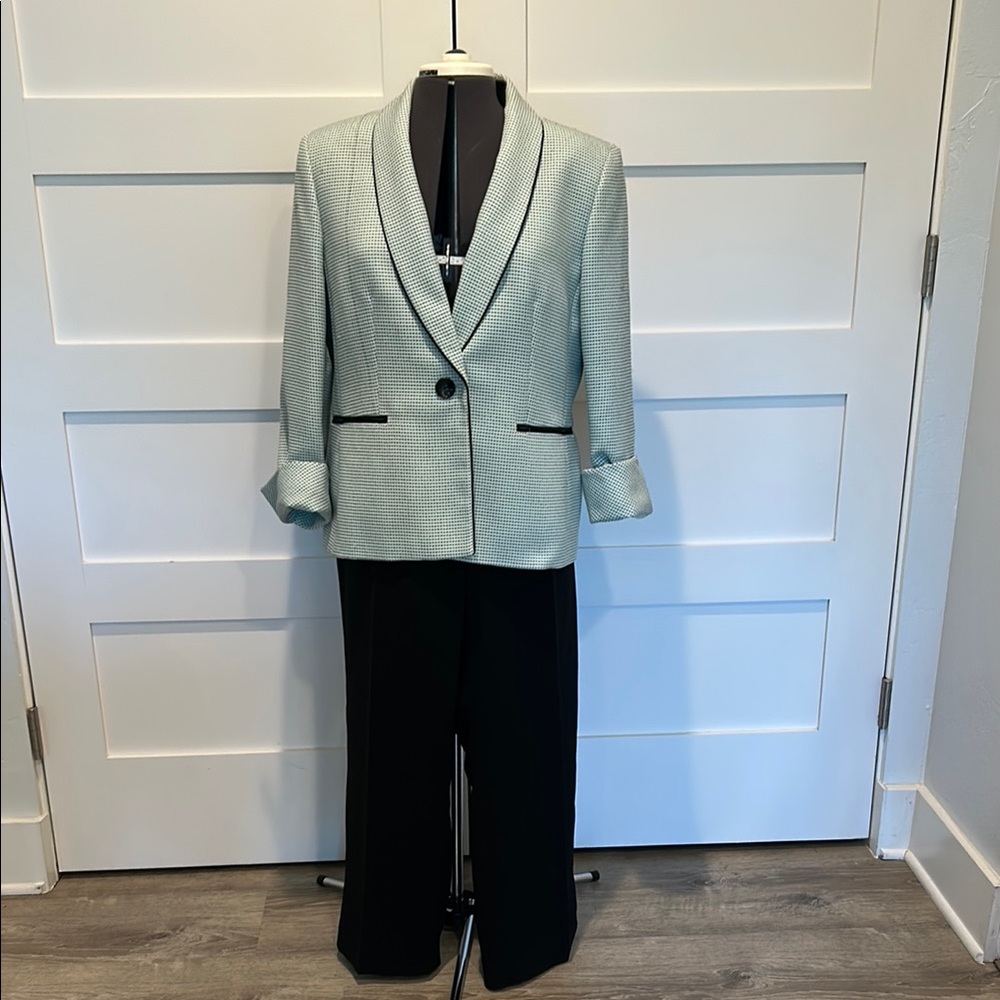 Women's Pant Suit - Mint Green Blazer With Black Trim and Black Lined Pants